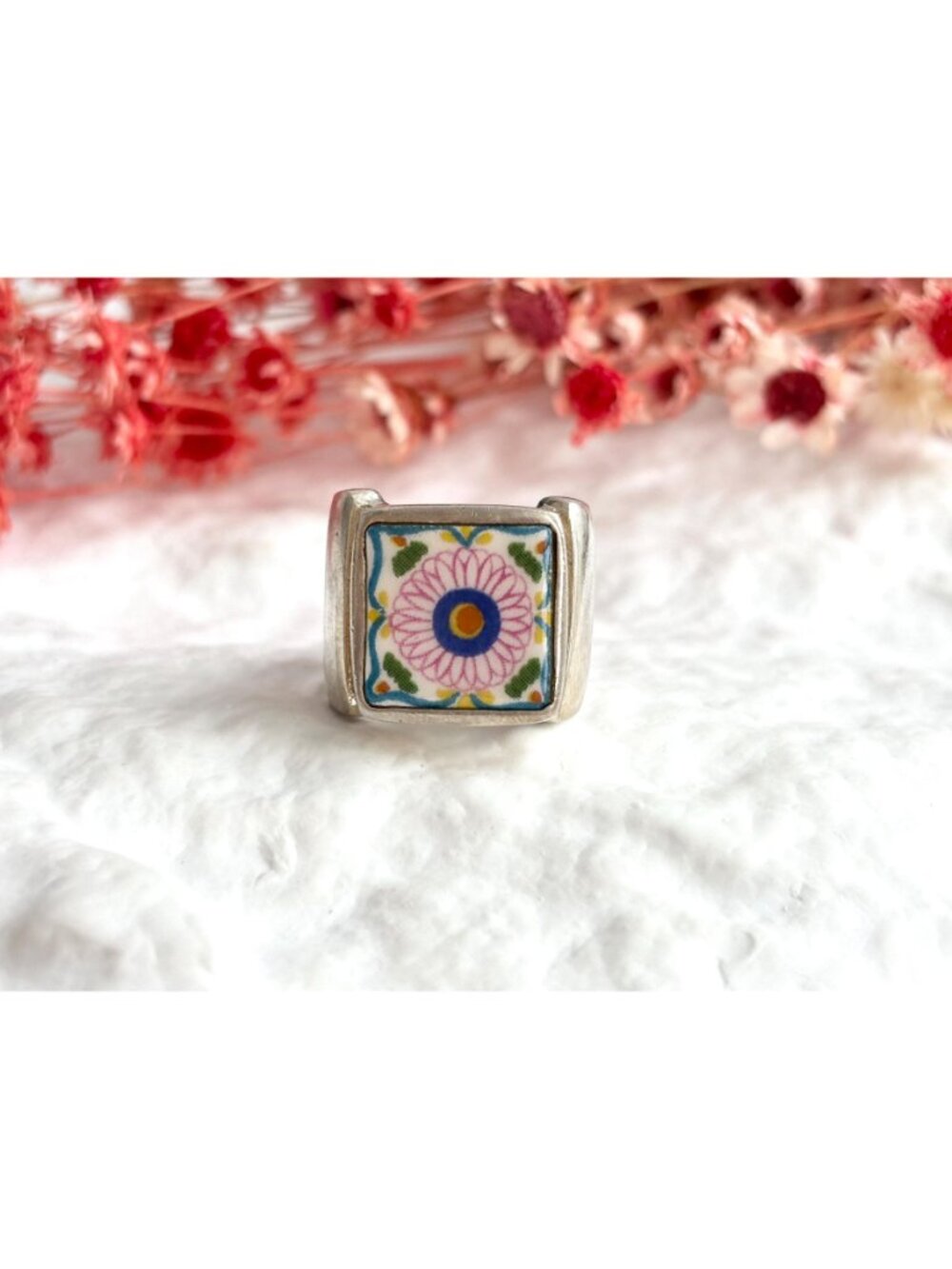 Porcelain Floral Painted Tilework Chunky Sterling Silver 925 Vintage Ring - sz 5 - Picture 12 of 16